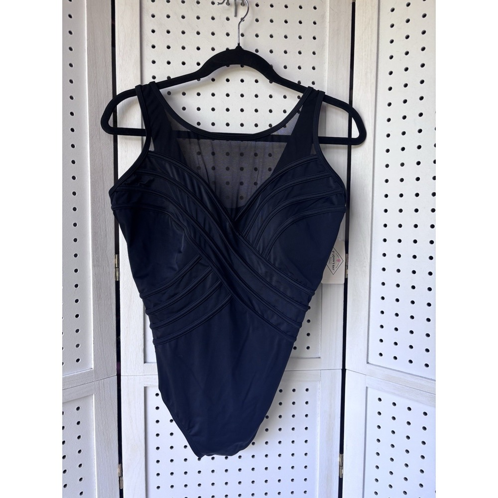 St. John's Bay Secretly Slender One Pc Swimsuit Bathing Suit Womens 14 Black NWT